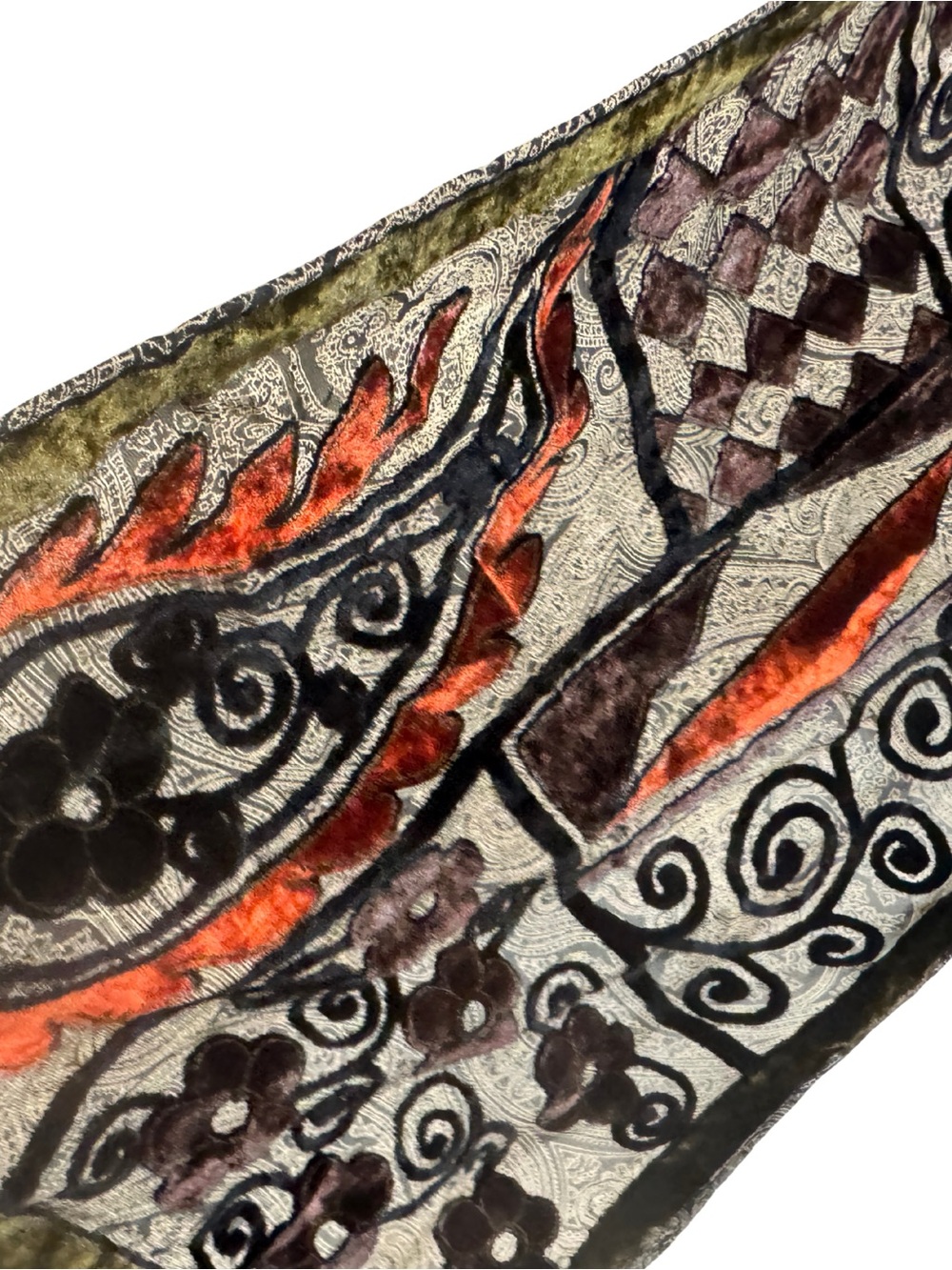 Velvet Burn Out Embroidered Floral Scarf - Black & Orange 60”x12”